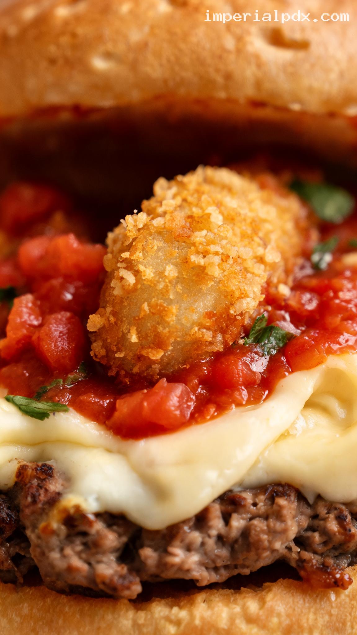 Crispy Mozzarella Stick Burger With Marinara – Closeup