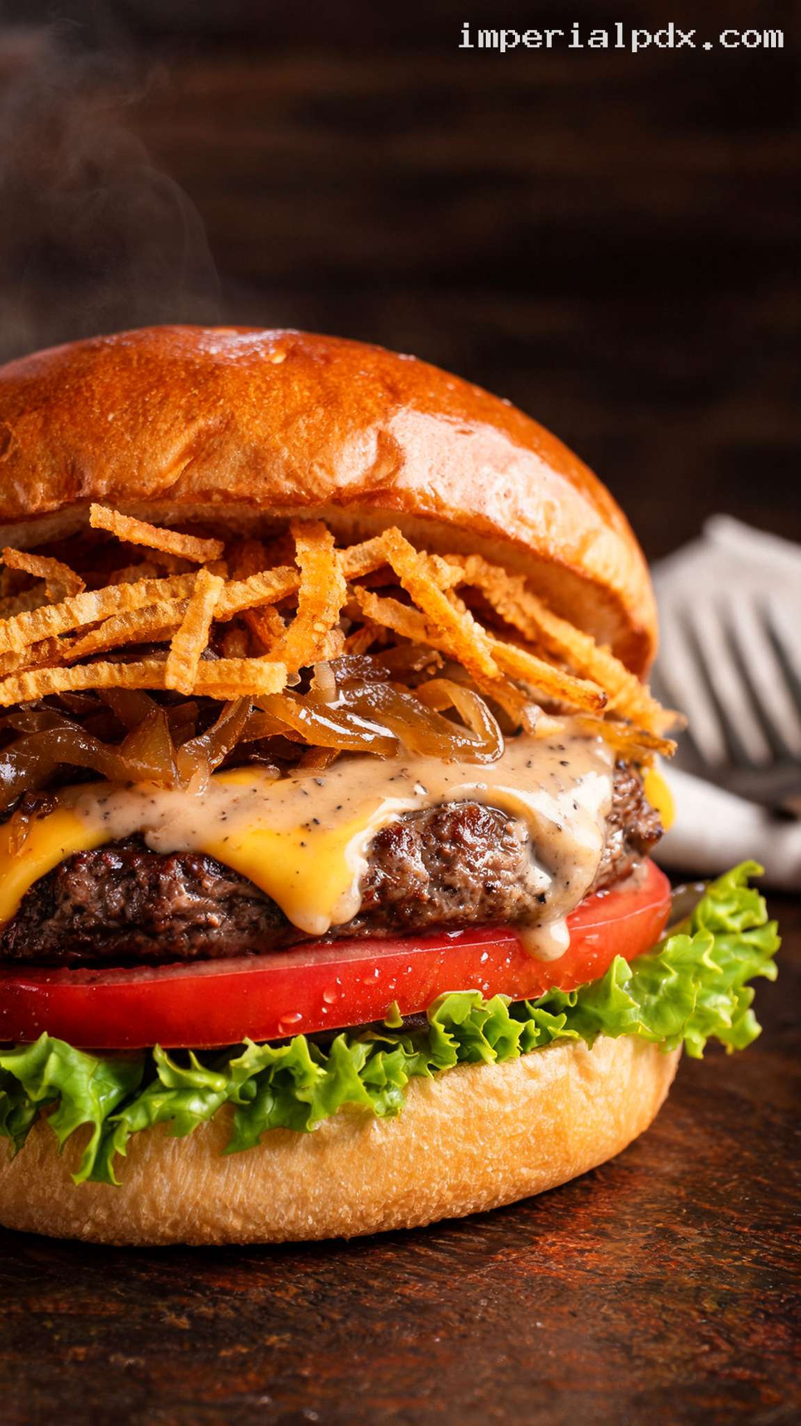 Crispy Onion Steakhouse Burger With Peppercorn Sauce – Closeup