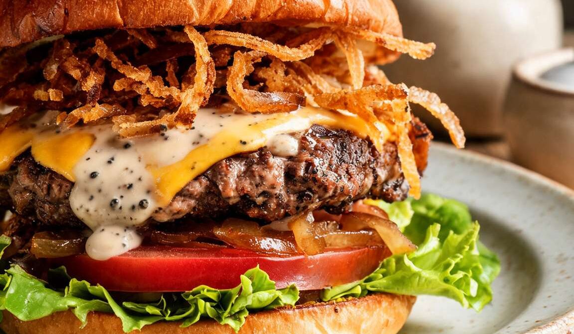 Crispy Onion Steakhouse Burger With Peppercorn Sauce