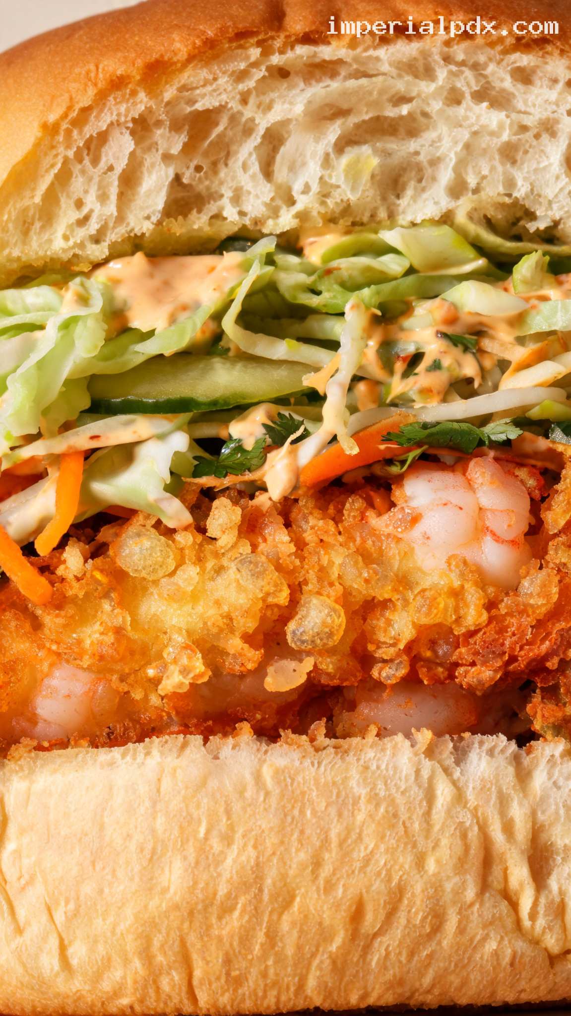 Crispy Tempura Shrimp Burgers With Citrus Slaw – Closeup