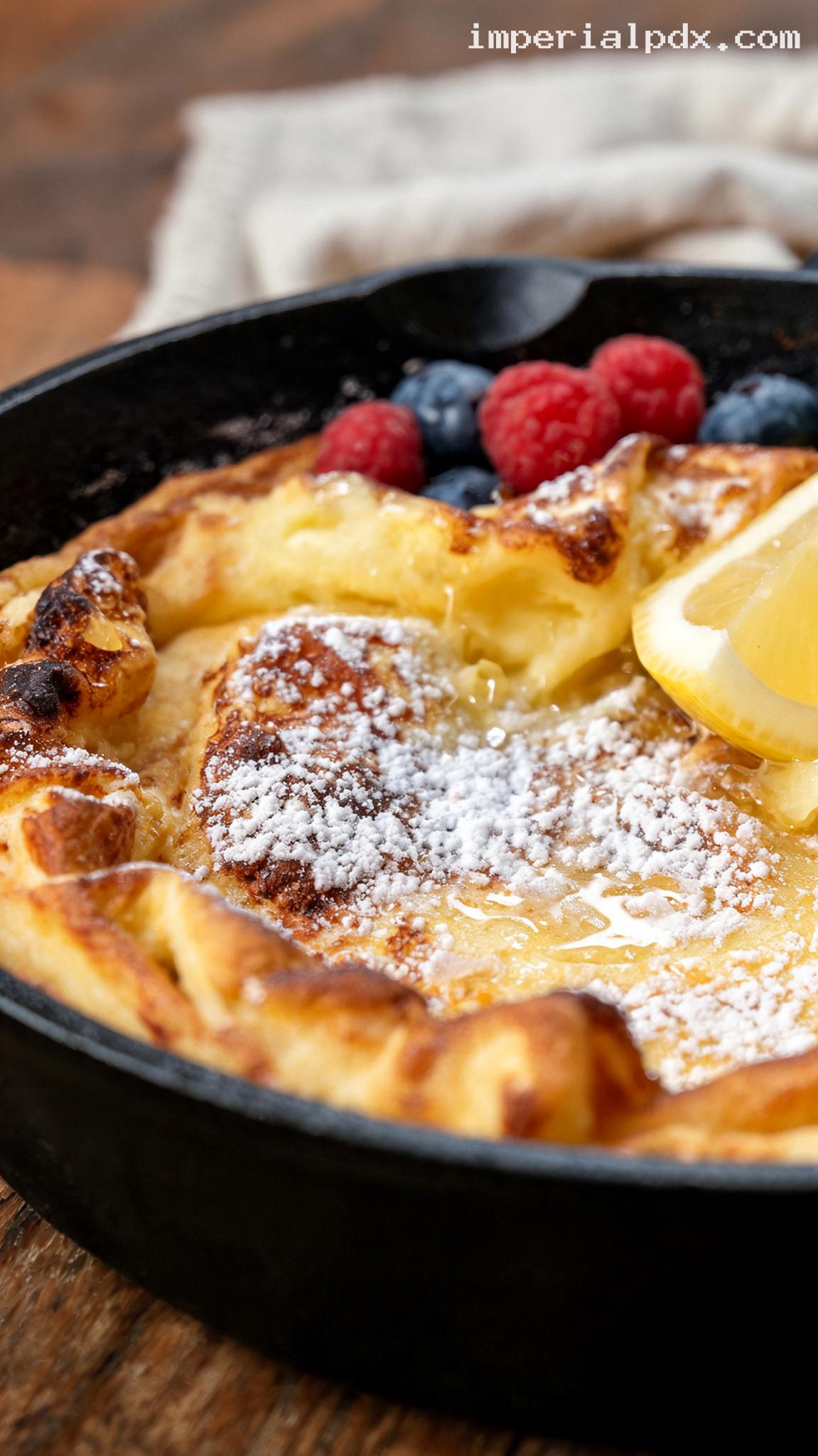 Dutch Baby Pancake With Lemon and Powdered Sugar – Closeup