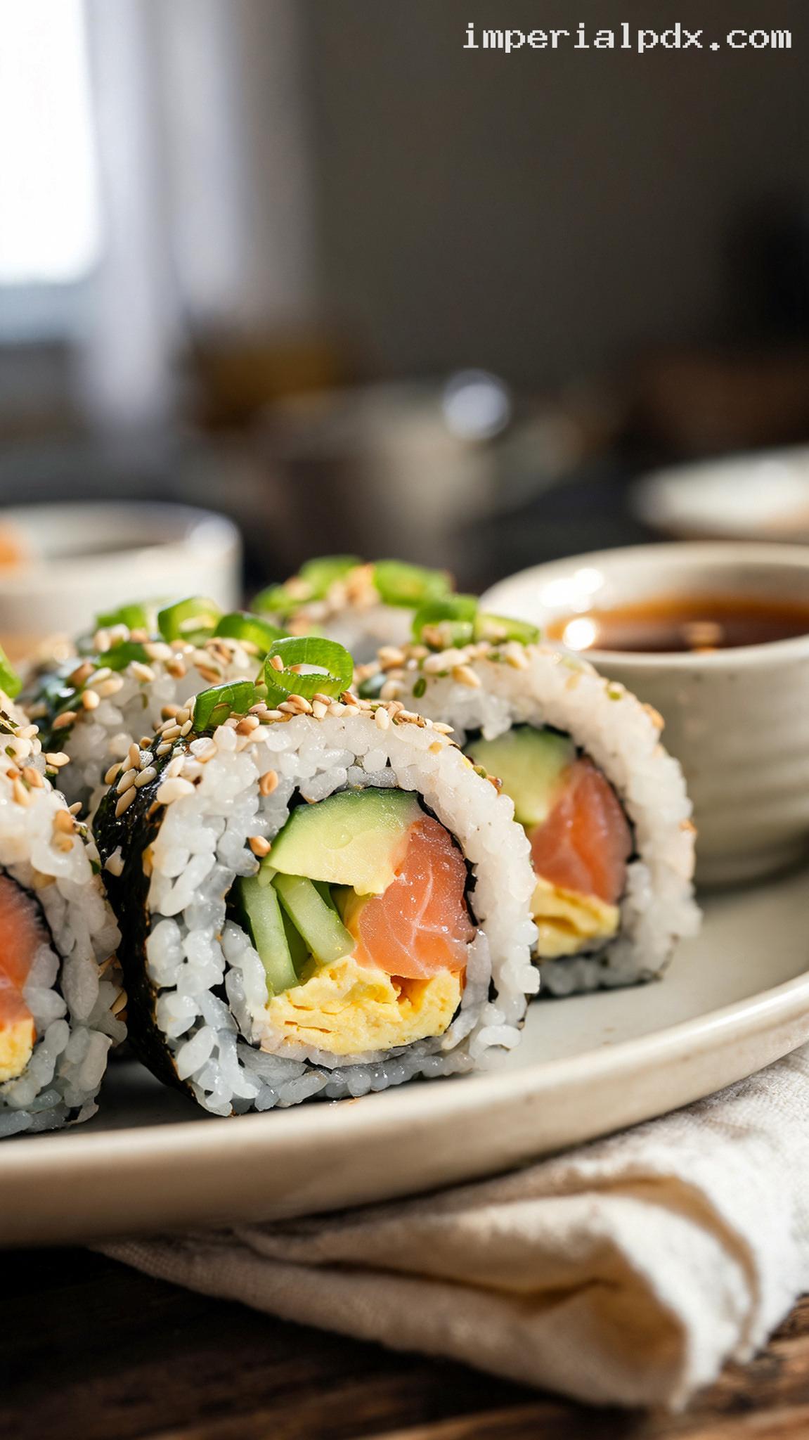 Egg and Avocado Breakfast Sushi Rolls – Closeup