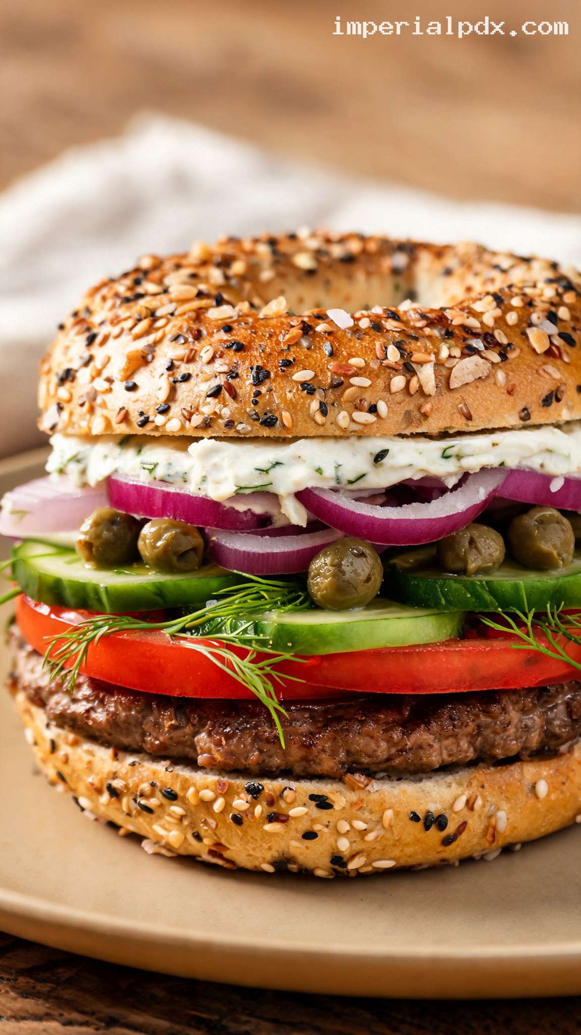 Everything Bagel Brunch Burger With Cream Cheese – Closeup
