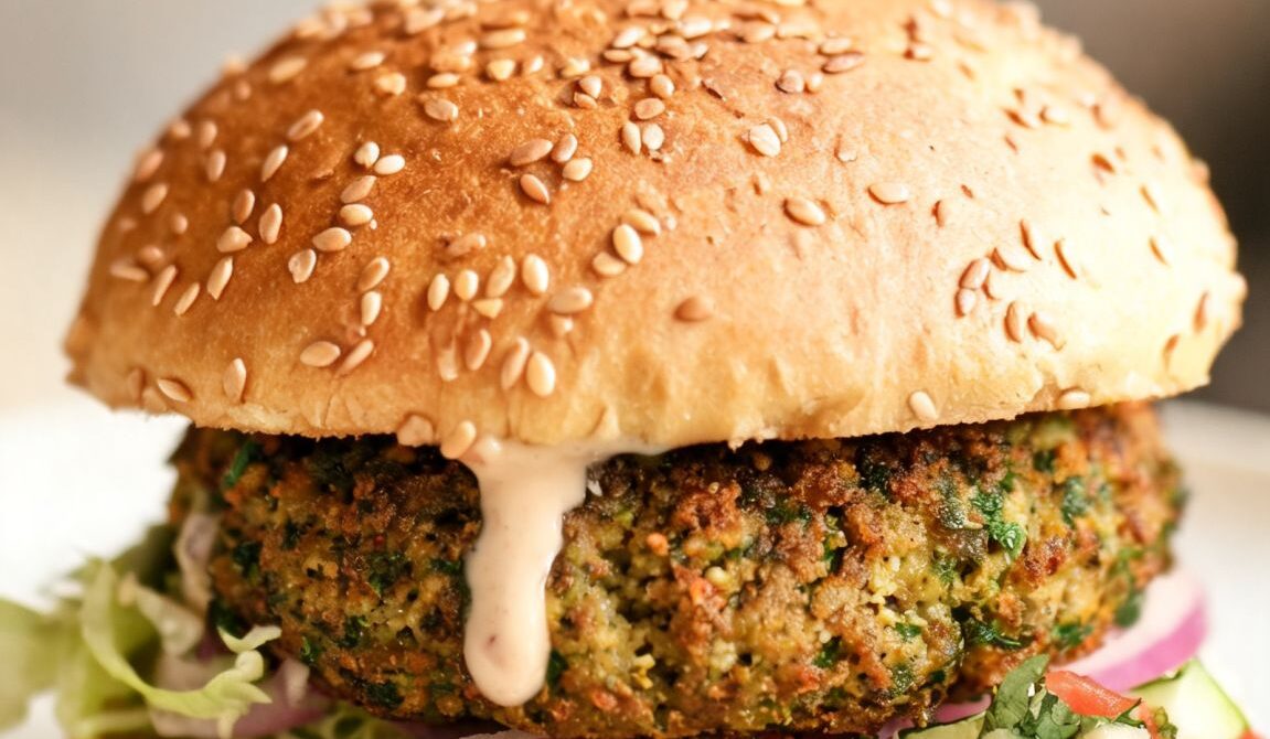 Falafel Burger With Tahini Sauce and Pickled Onions