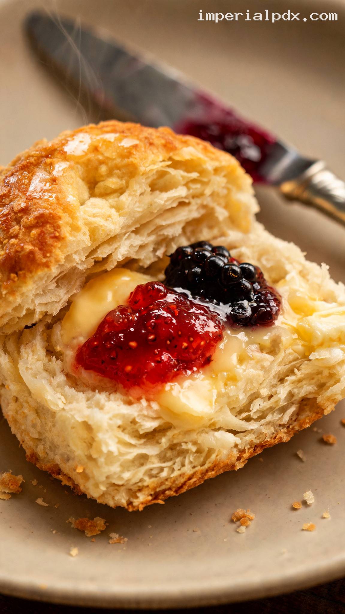 Flaky Southern Biscuits with Jam and Butter – Closeup