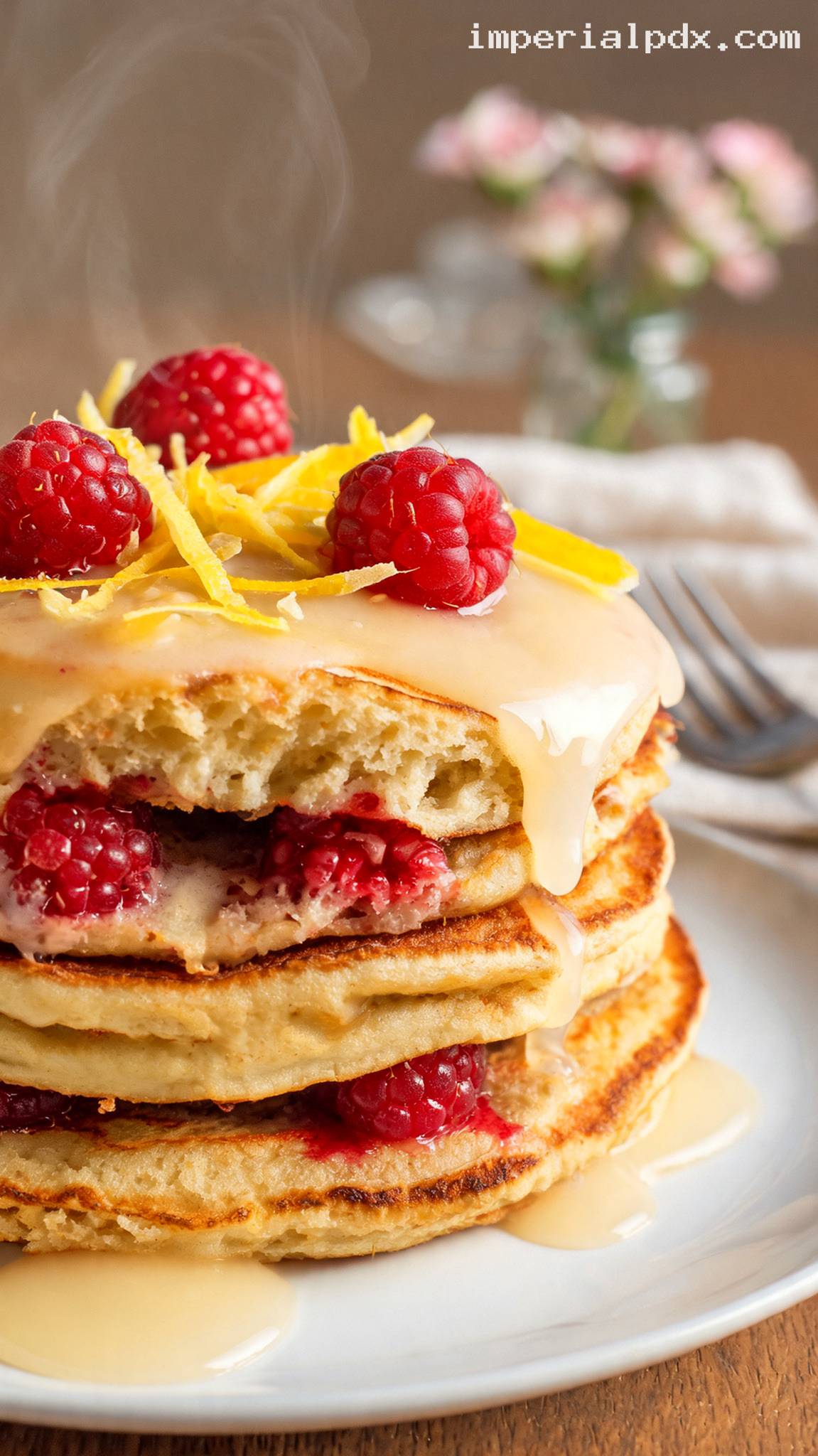 Fluffy Raspberry Lemon Pancakes – Closeup