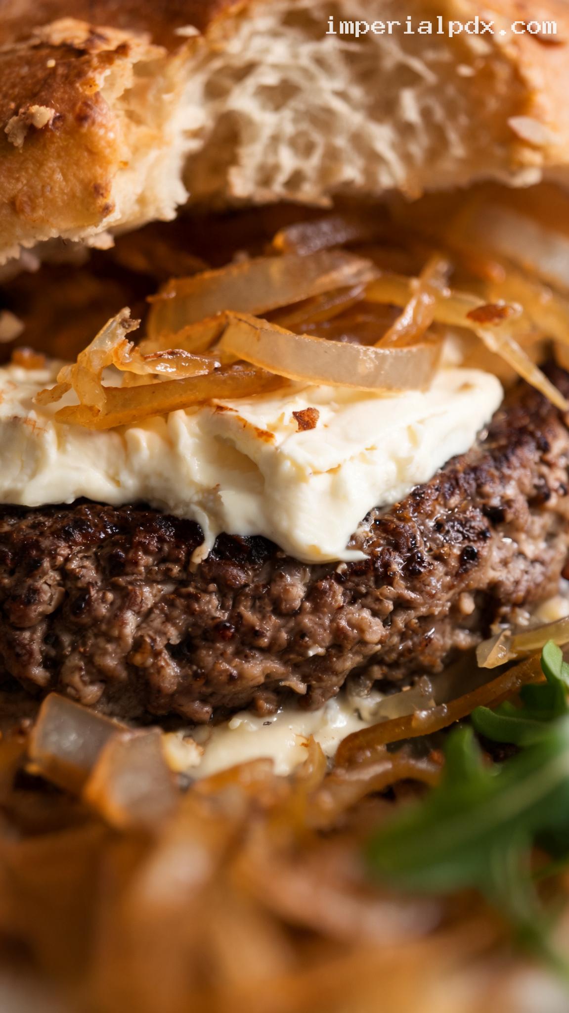 French Bistro Burger With Brie and Dijon Aioli – Closeup