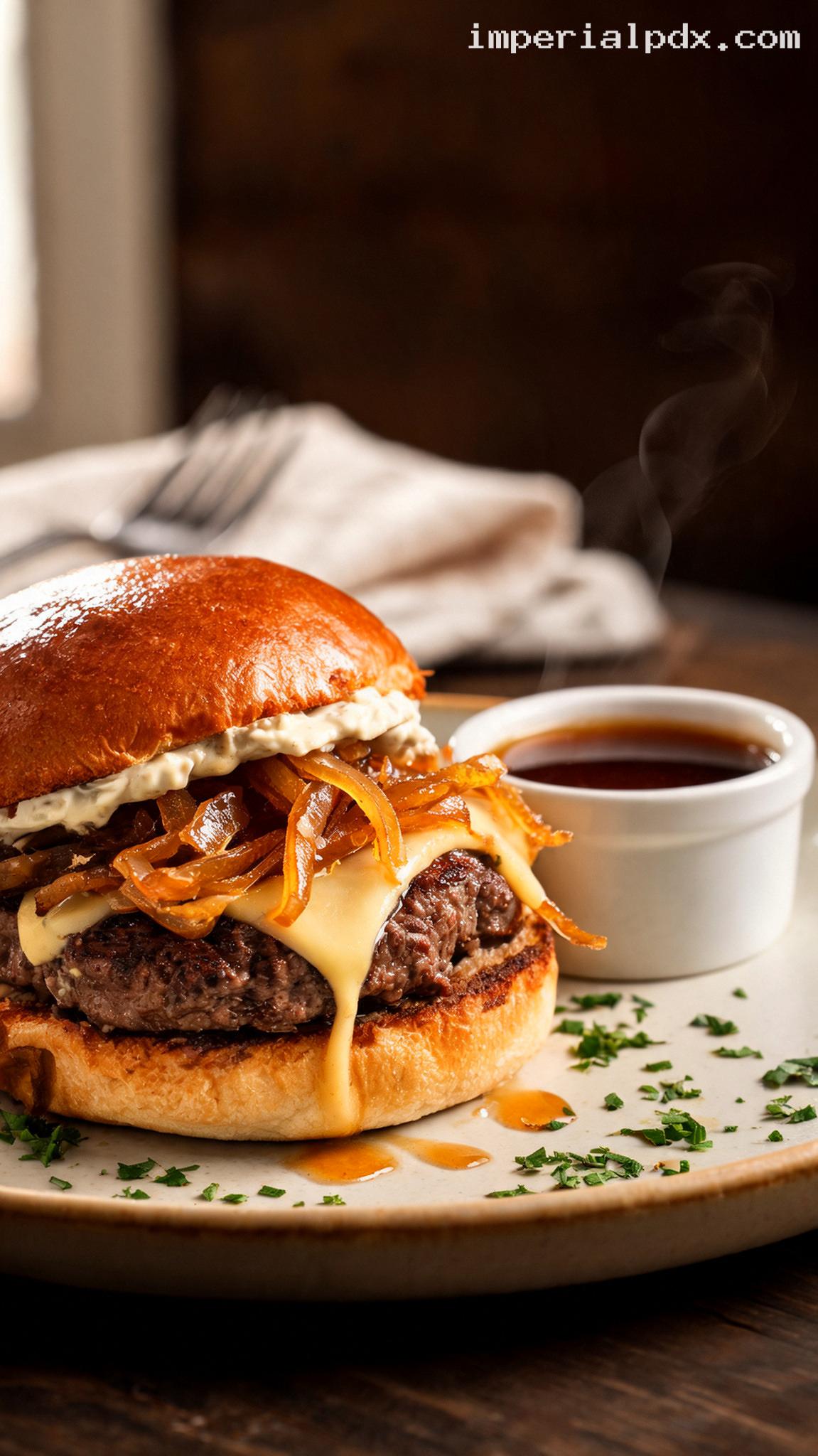 French Dip Burgers With Horseradish Aioli – Closeup