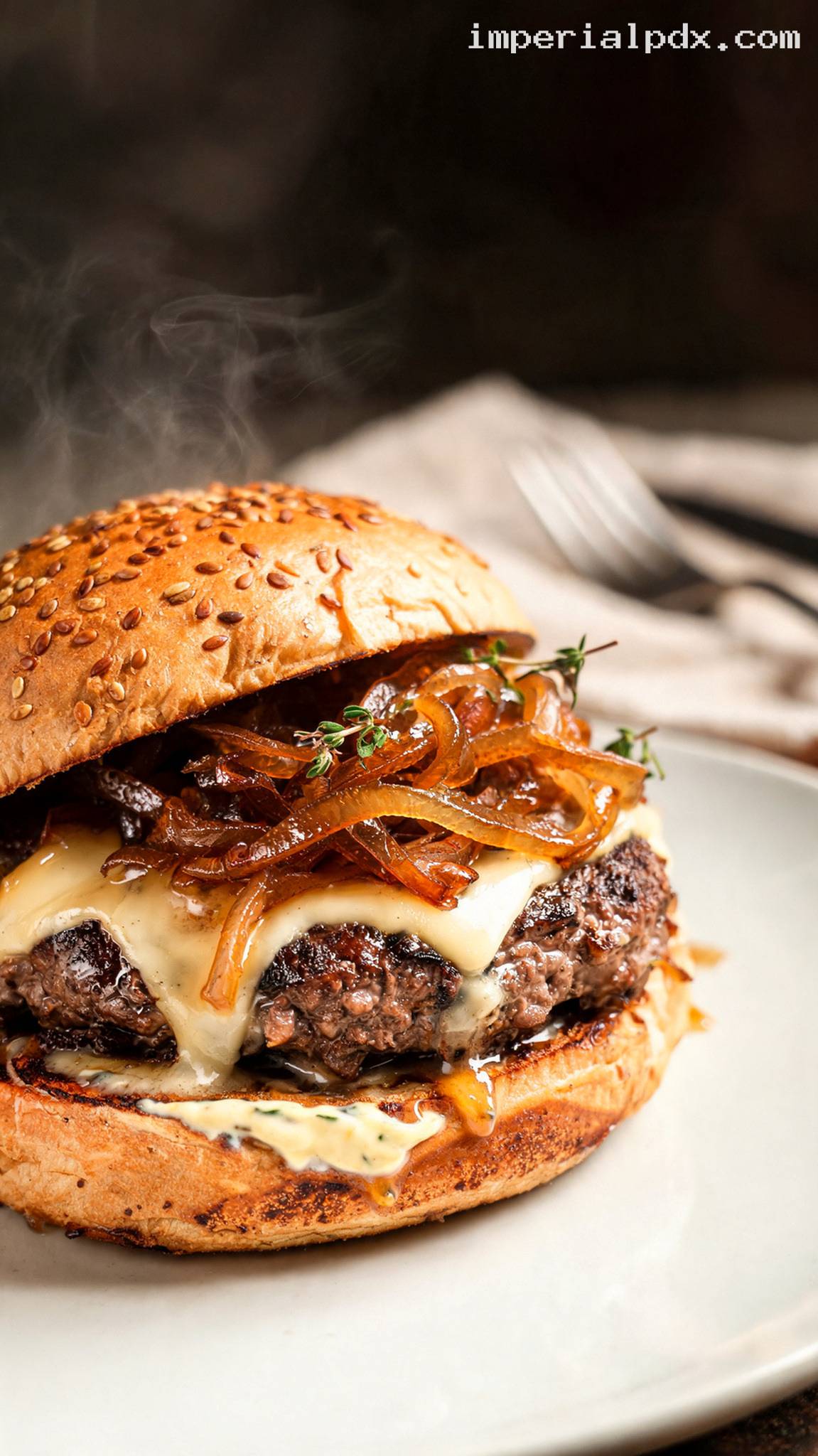 French Onion Burger with Gruyère and Thyme Mayo – Closeup