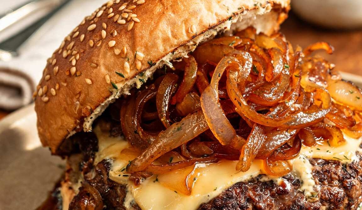 French Onion Burger with Gruyère and Thyme Mayo