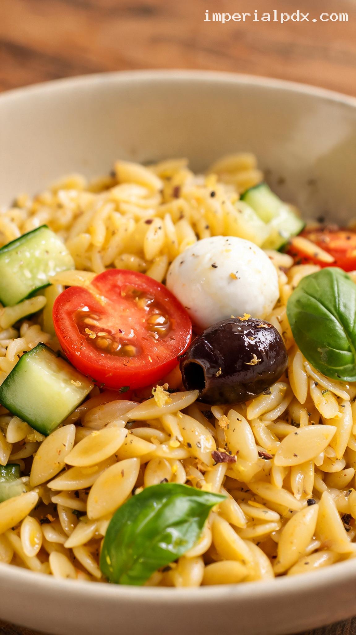 Fresh Mediterranean Caprese Orzo Salad – Closeup