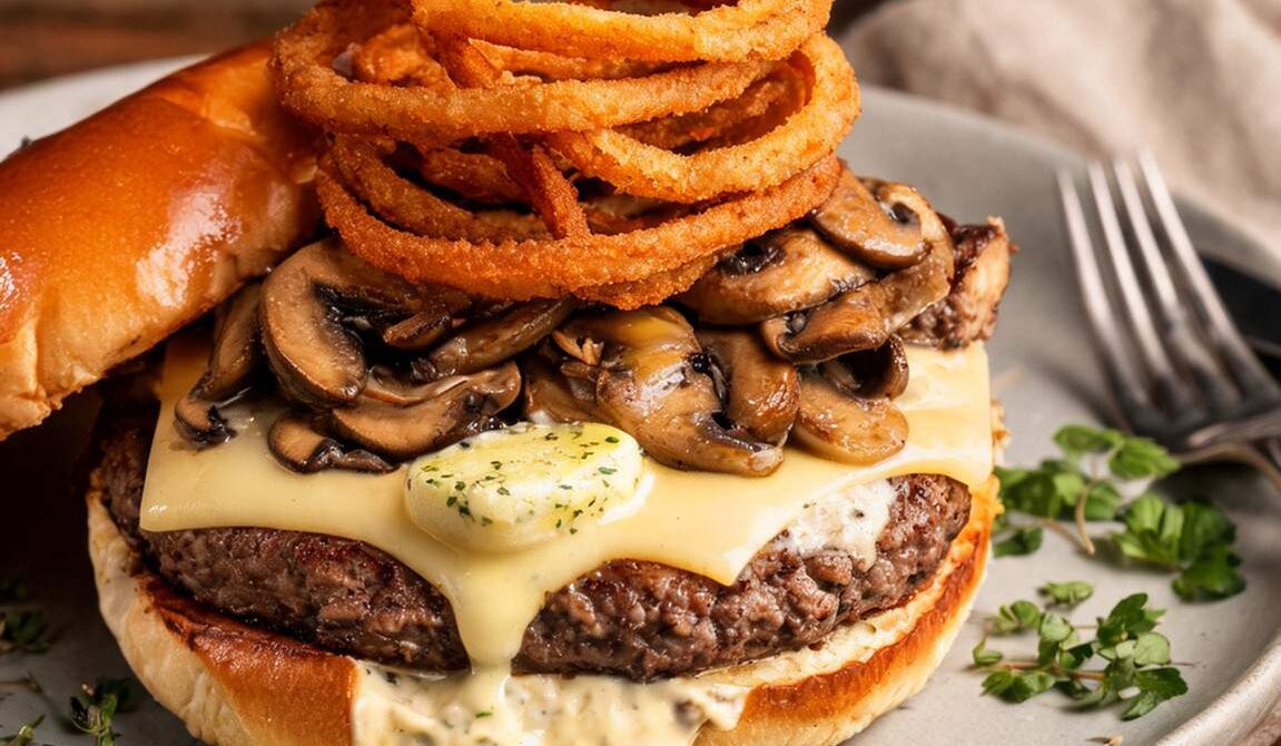 Garlic Butter Steakhouse Burger With Swiss and Crispy Onions