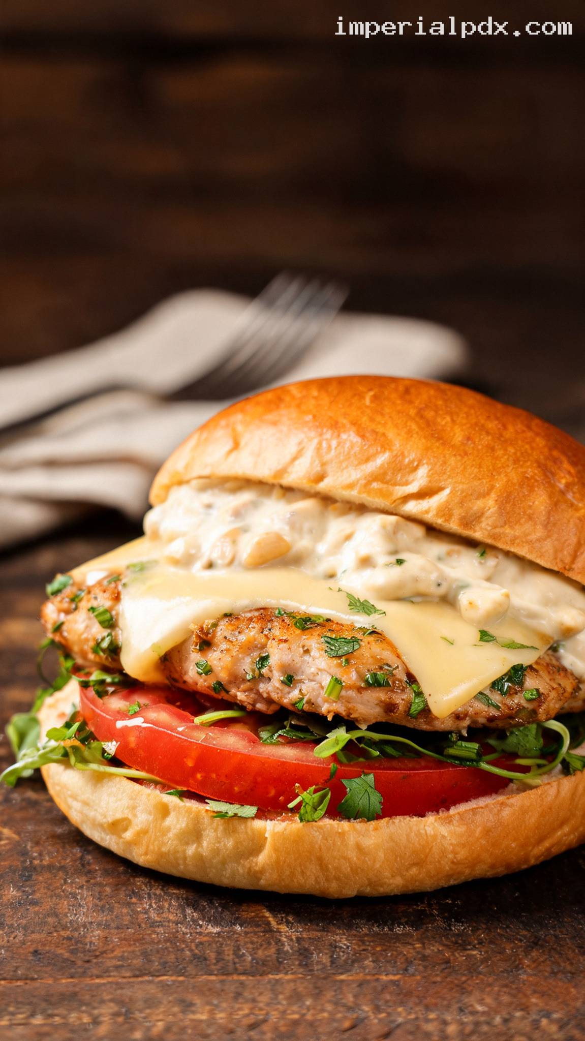 Garlic Herb Chicken Burgers With Roasted Garlic Mayo – Closeup