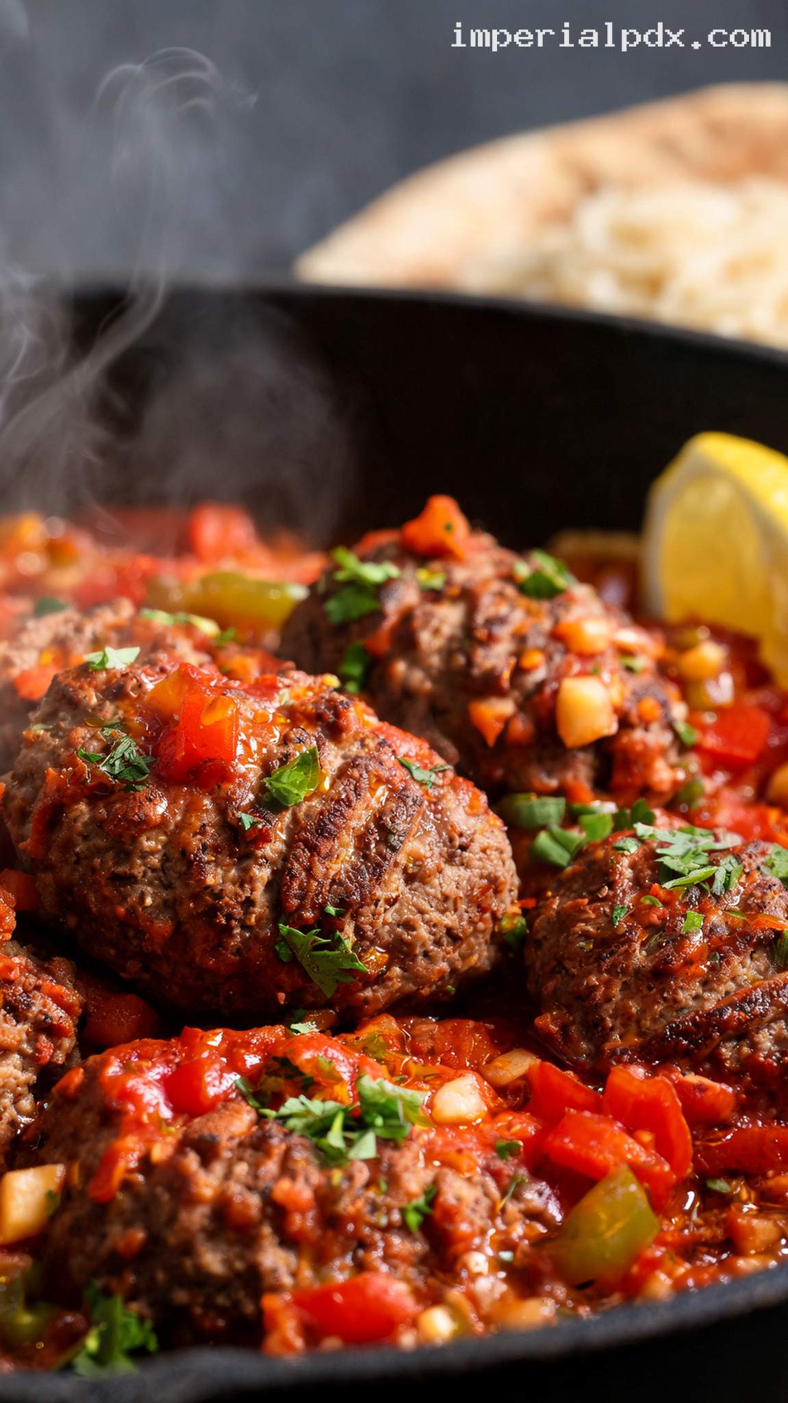 Garlicky Beef Kefta Tomato Skillet – Closeup