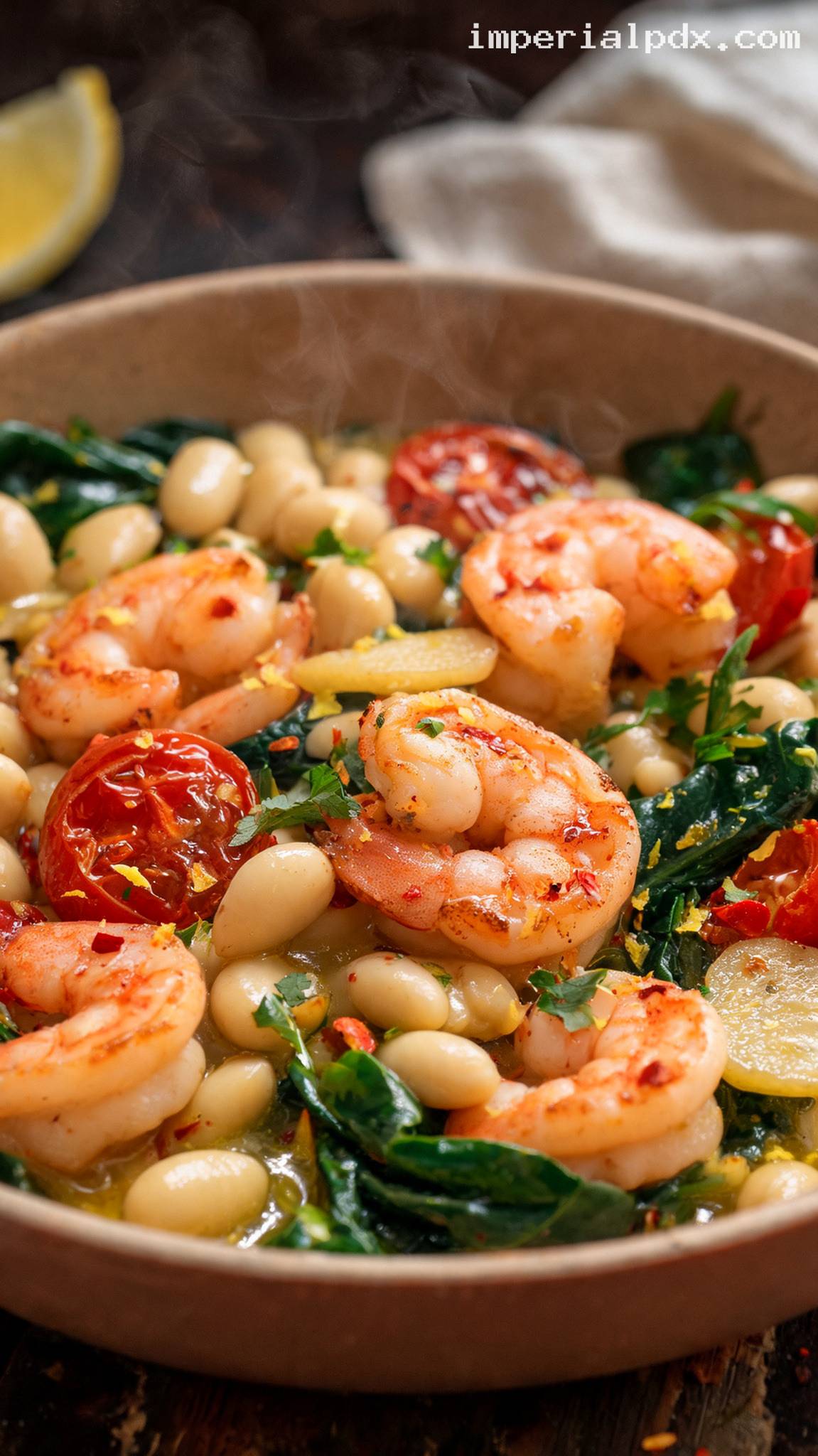 Garlicky Shrimp and White Bean Skillet – Closeup