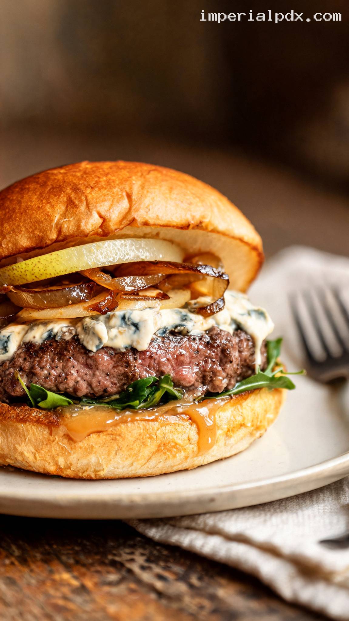 Gorgonzola Pear Burger With Caramelized Onions – Closeup