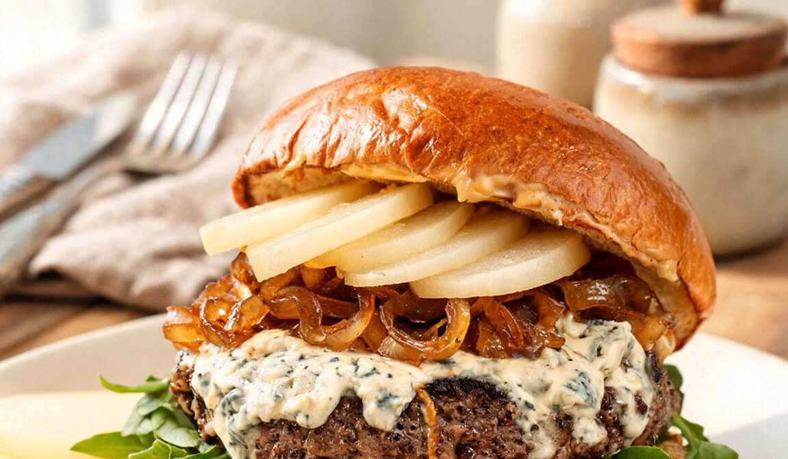 Gorgonzola Pear Burger With Caramelized Onions