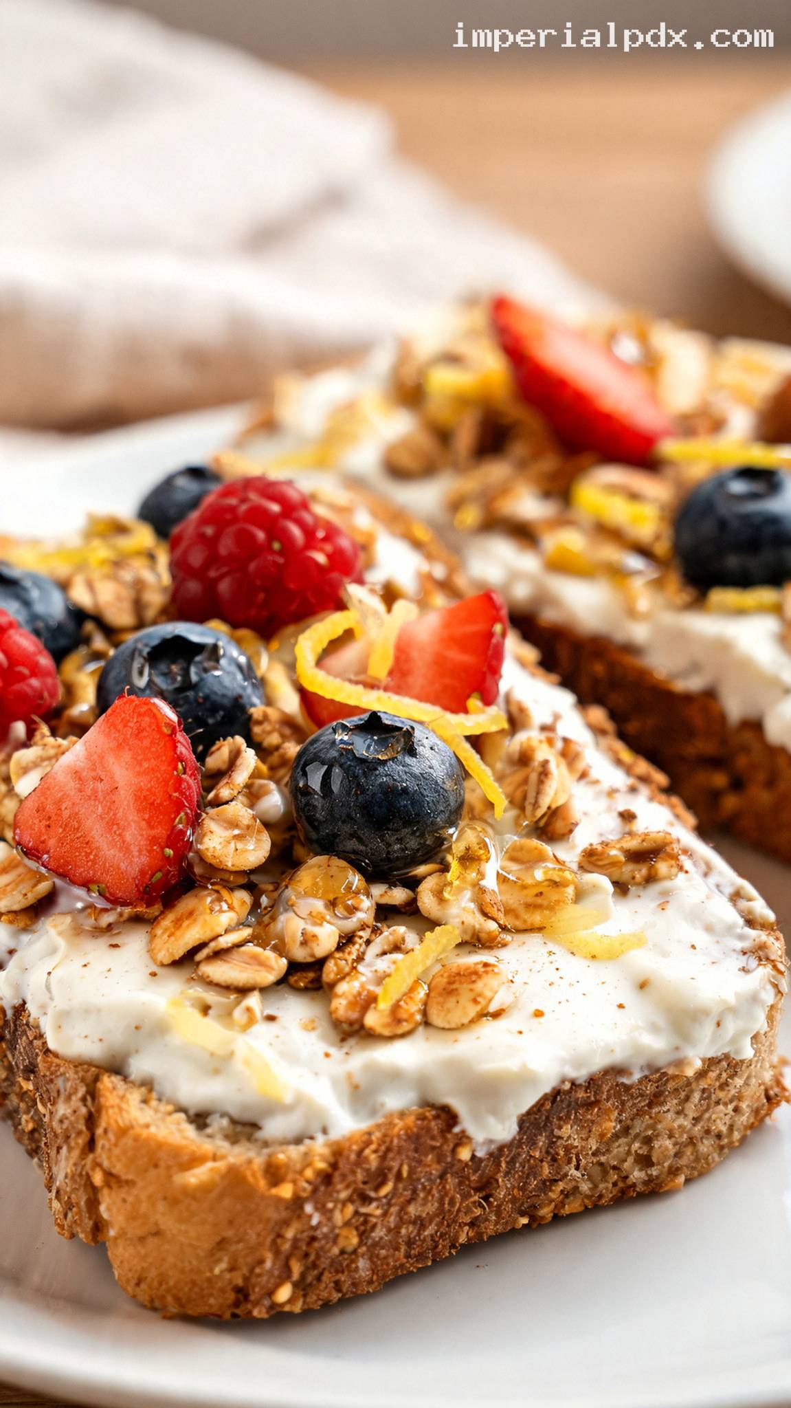 Granola-Crusted Yogurt Toast With Berries and Honey – Closeup