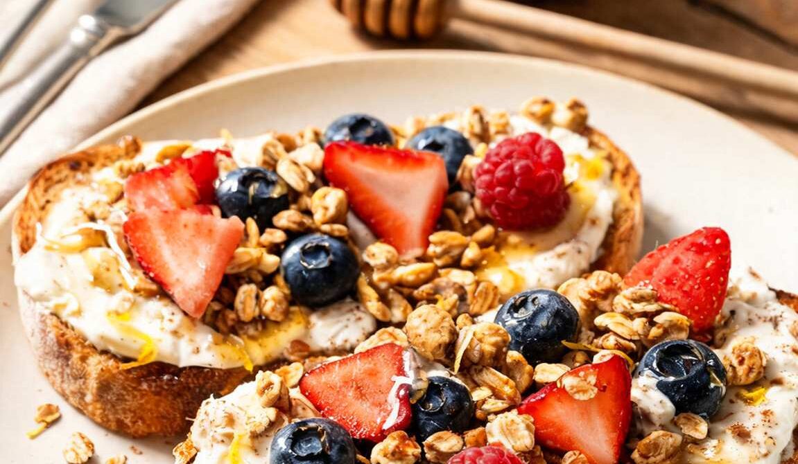 Granola-Crusted Yogurt Toast With Berries and Honey
