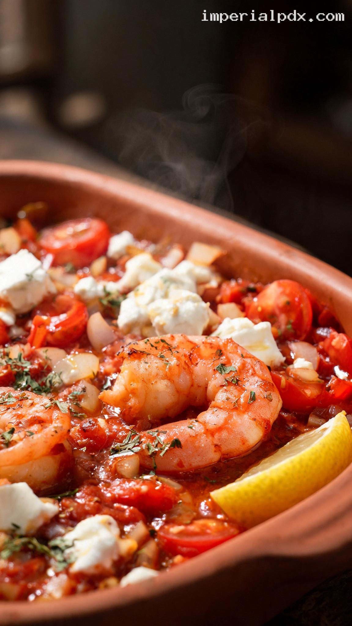Greek Baked Shrimp With Tomato, Ouzo, and Feta – Closeup