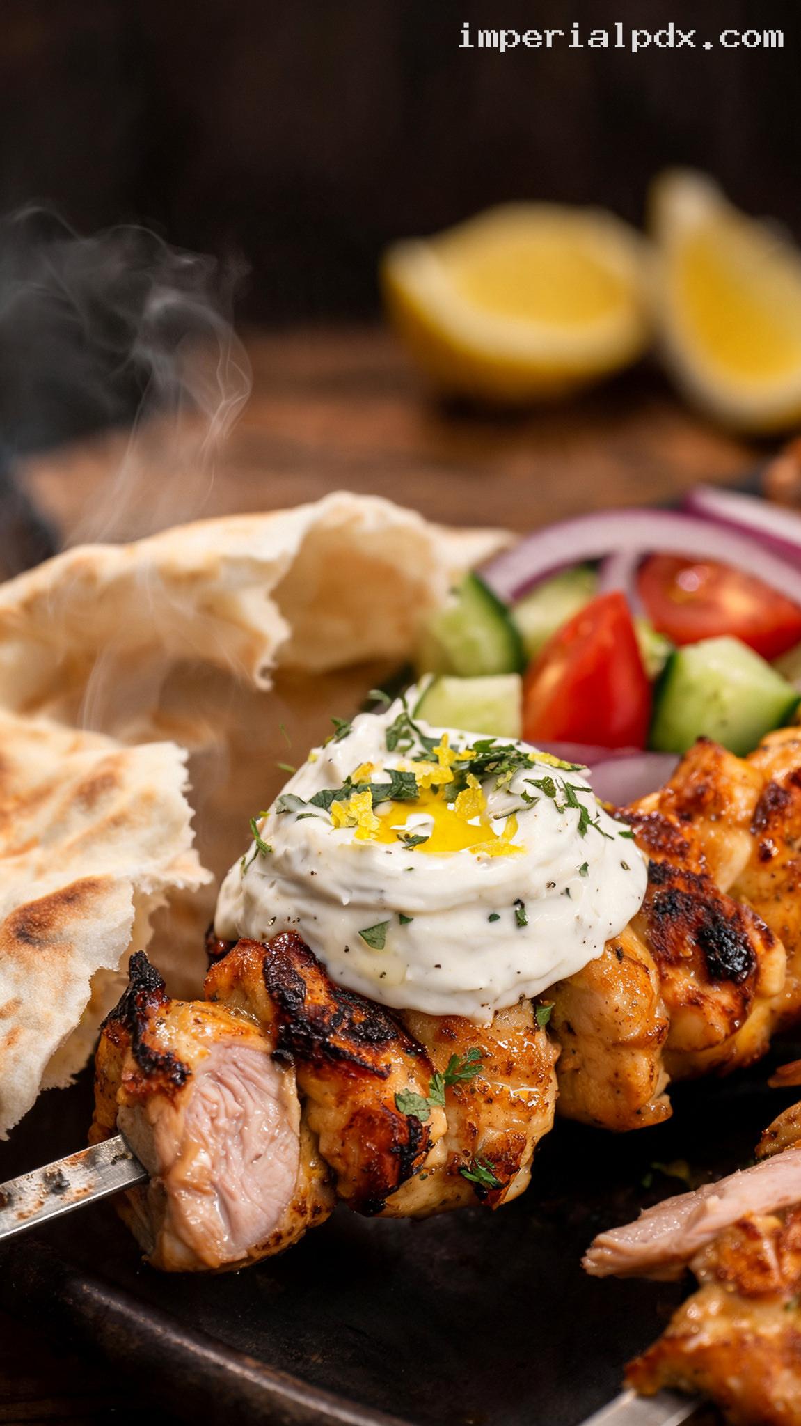 Greek Chicken Souvlaki with Lemon Herb Yogurt Sauce – Closeup