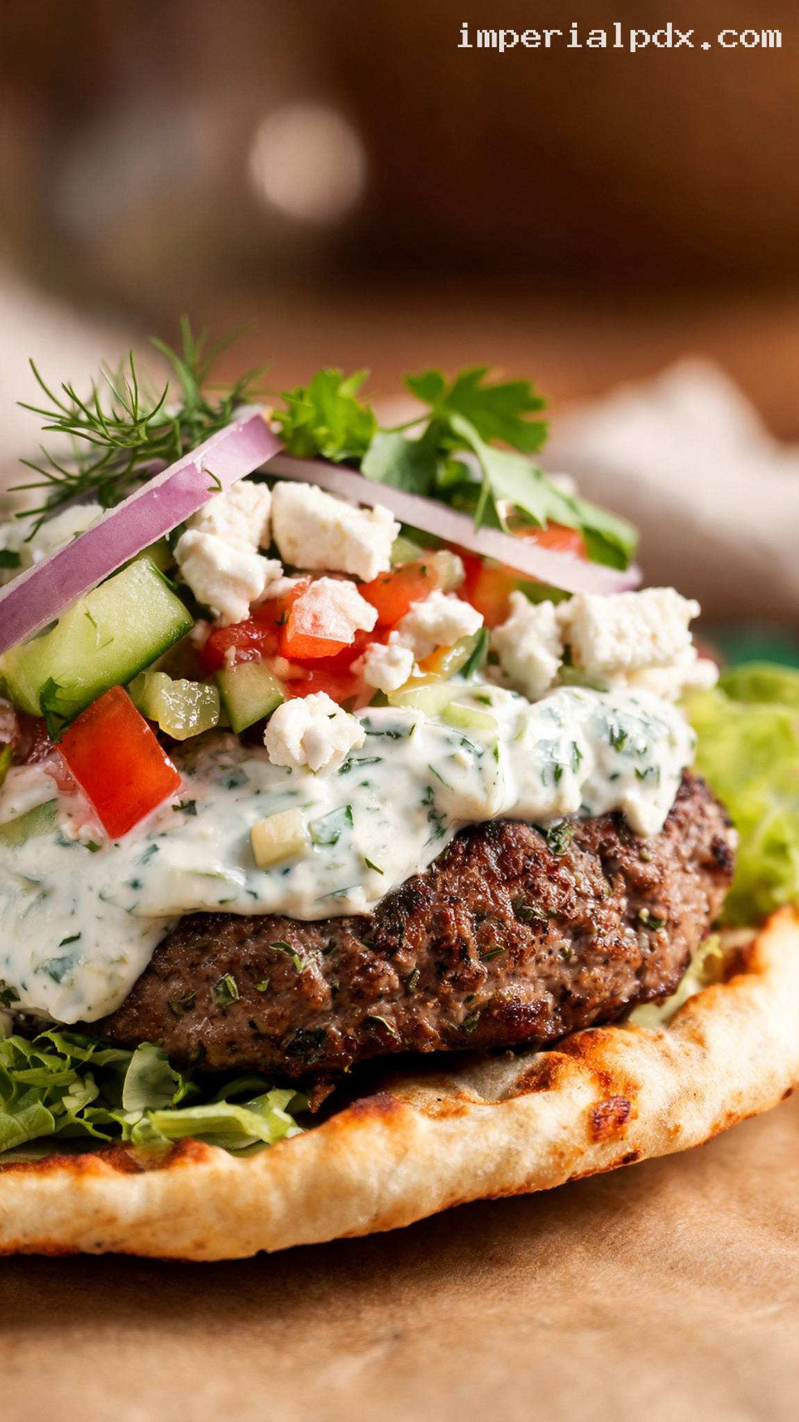 Greek Lamb Burger with Feta and Tzatziki – Closeup