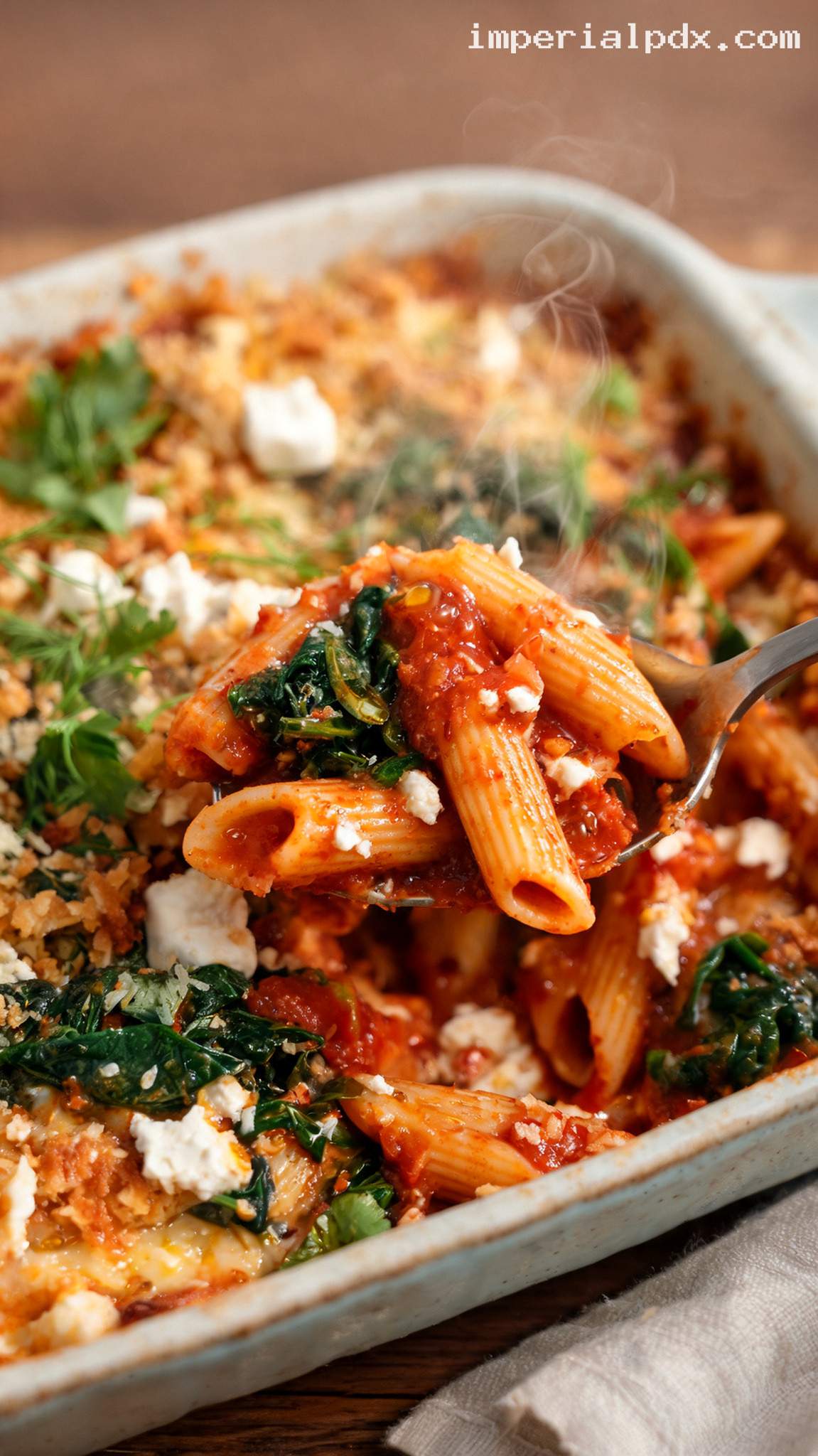 Greek Spinach and Feta Pasta Bake – Closeup