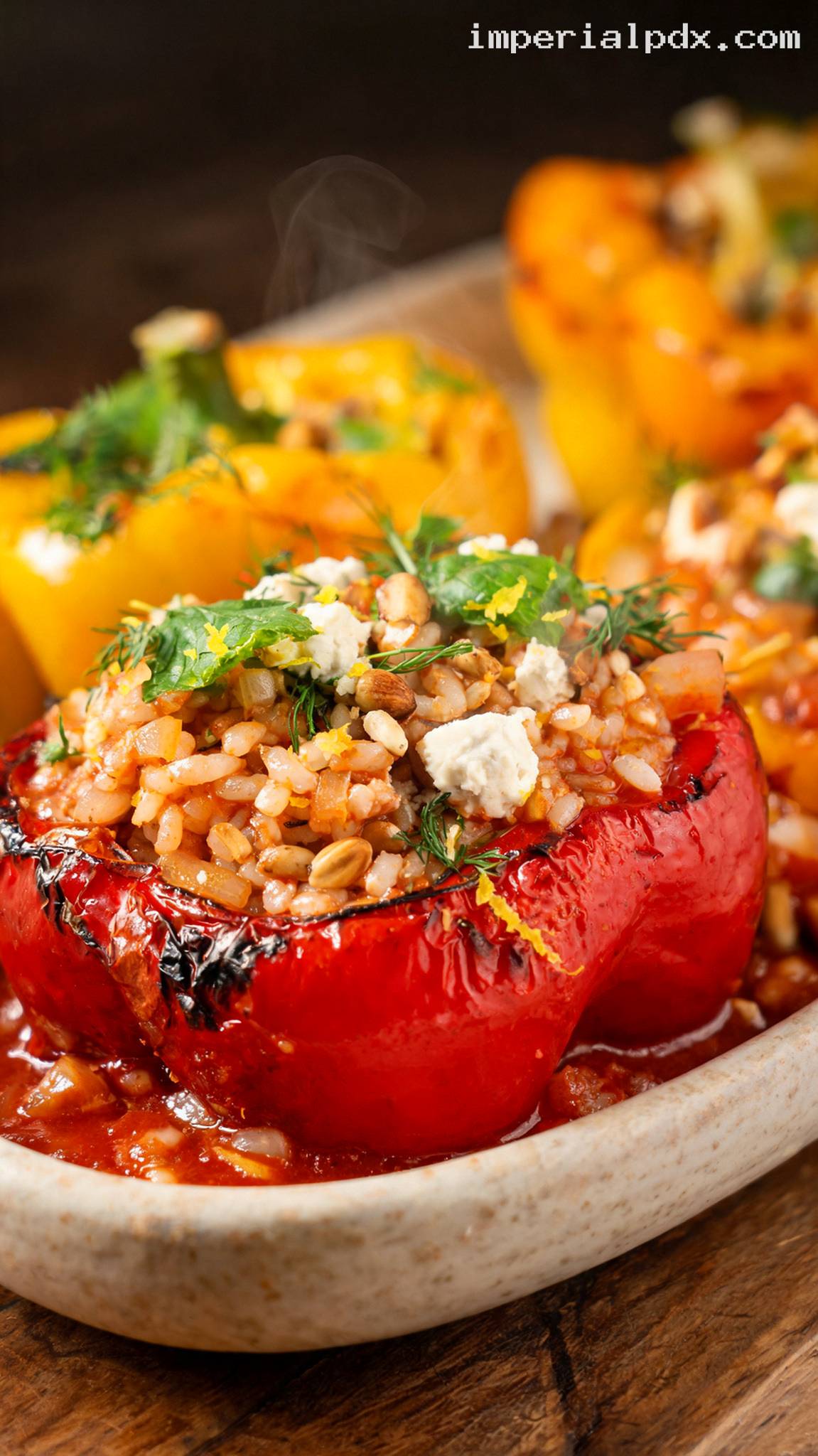 Greek Stuffed Peppers with Rice and Feta – Closeup