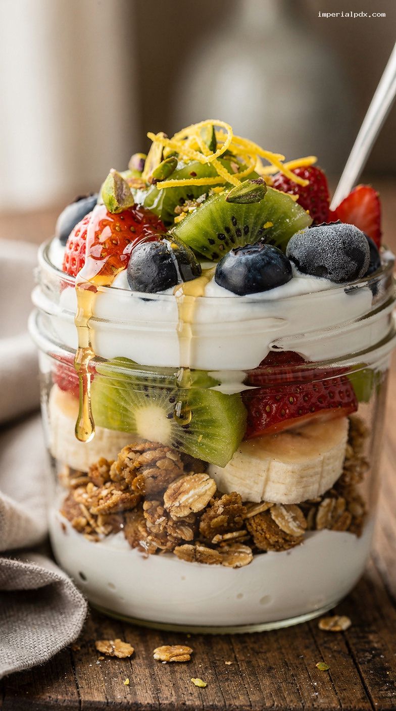 Greek Yogurt Parfait With Granola and Fresh Fruit – Closeup