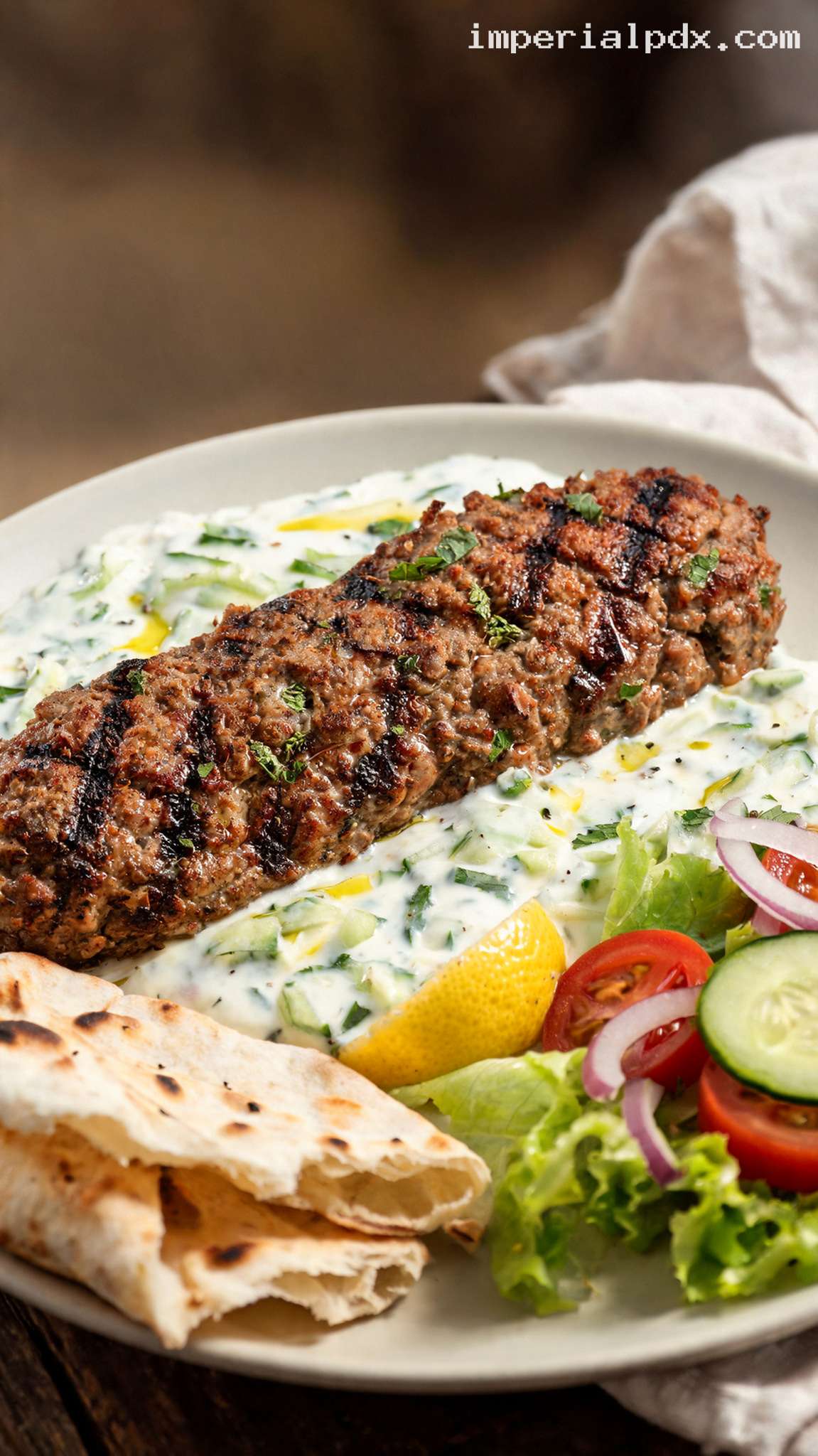 Grilled Lamb Kofta With Cucumber Mint Yogurt – Closeup