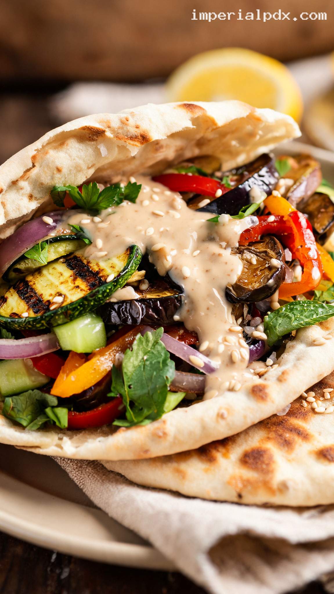 Grilled Vegetable Pita Pockets With Tahini Sauce – Closeup