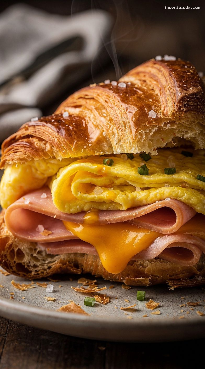 Ham, Egg, and Cheese Croissant Sandwich – Closeup
