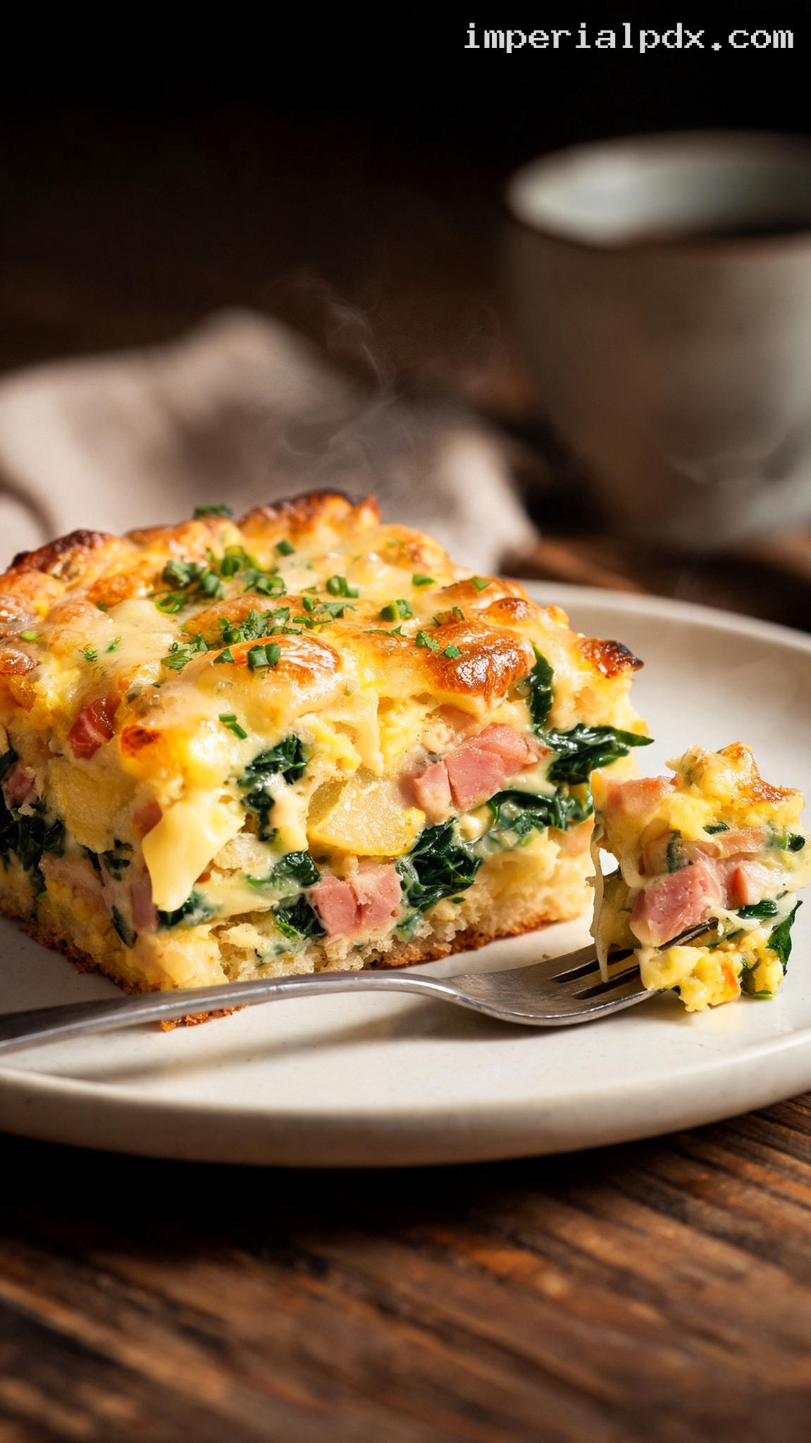 Ham, Spinach, and Swiss Breakfast Bake – Closeup