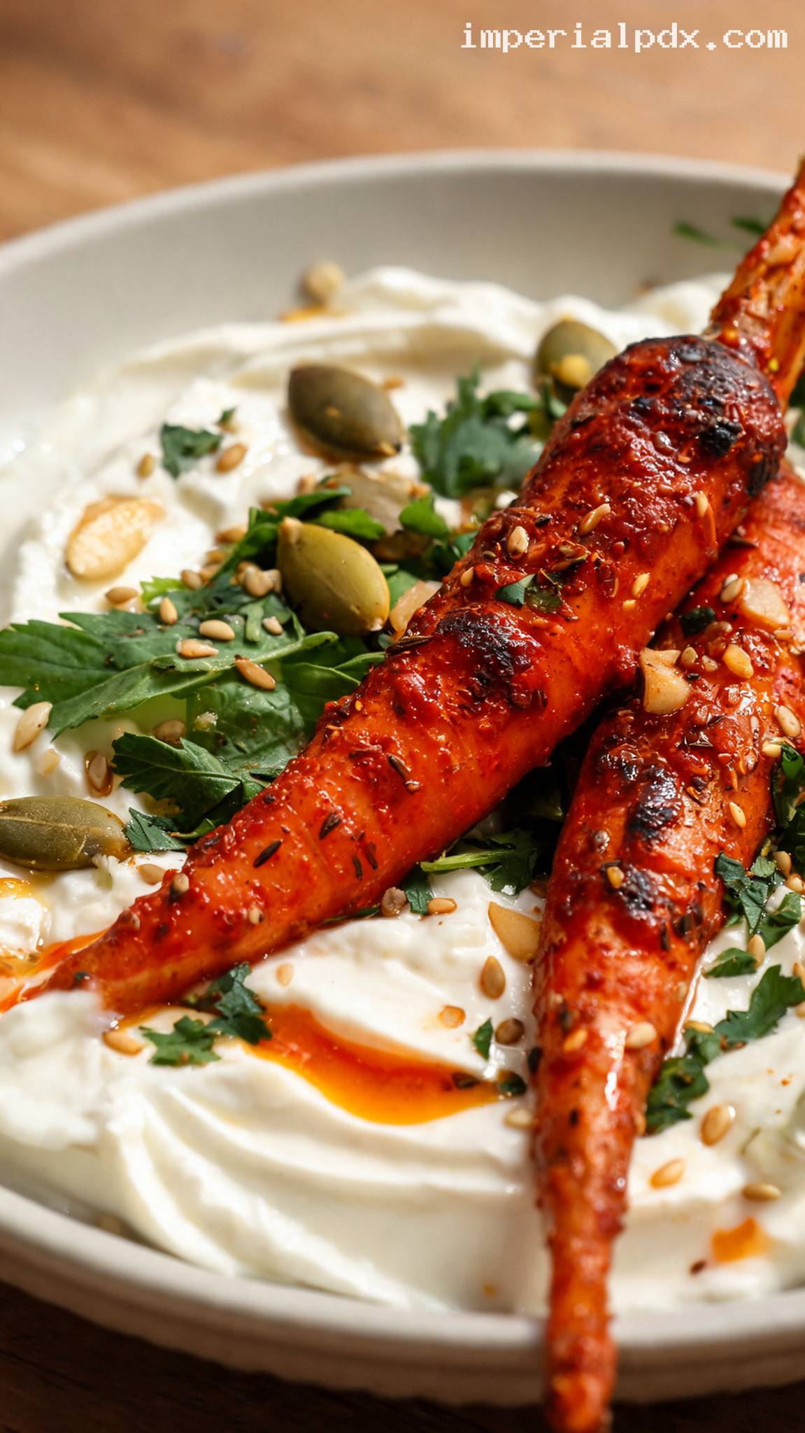 Harissa Roasted Carrots with Yogurt and Herbs – Closeup