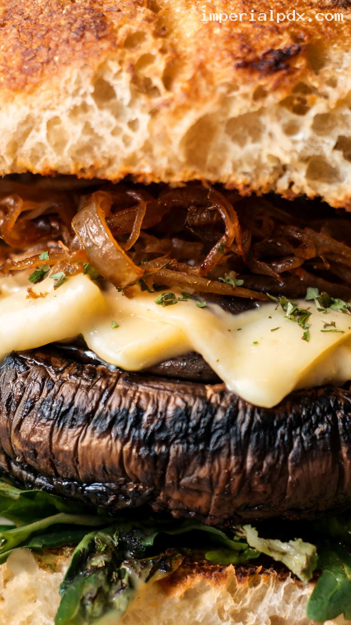 Herb Butter Portobello Burger With Swiss and Caramelized Onions – Closeup