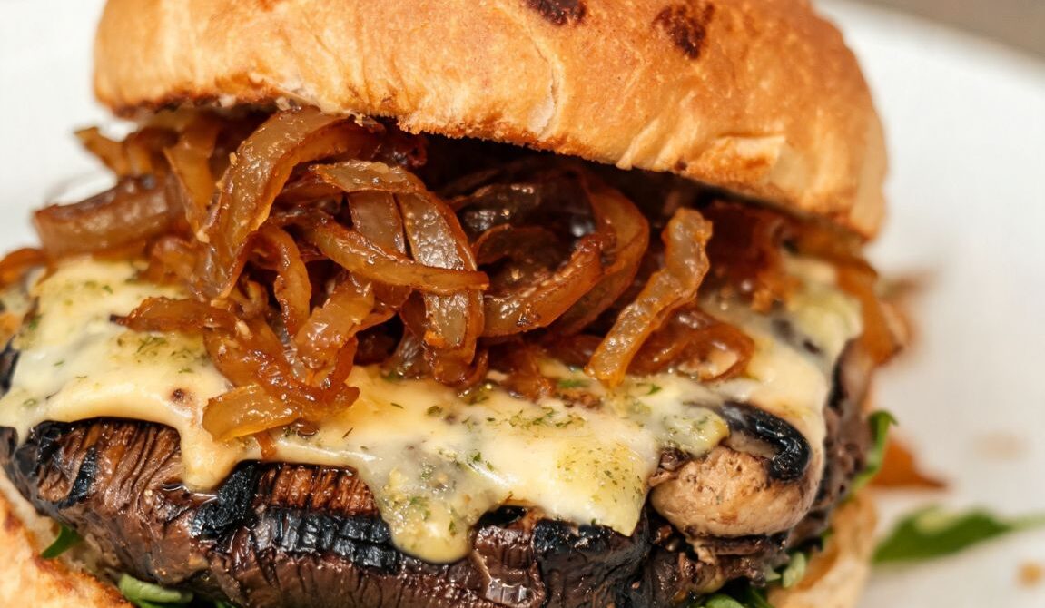Herb Butter Portobello Burger With Swiss and Caramelized Onions