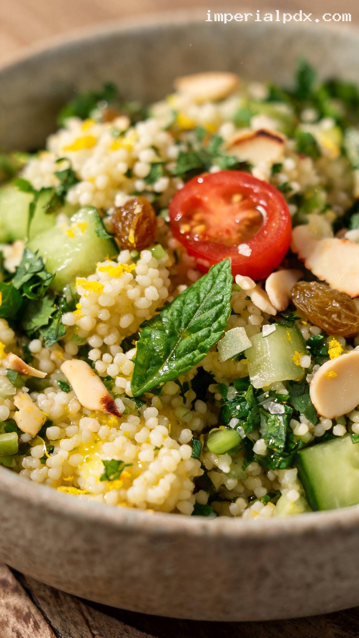 Herbed Couscous Salad with Raisins and Almonds – Closeup