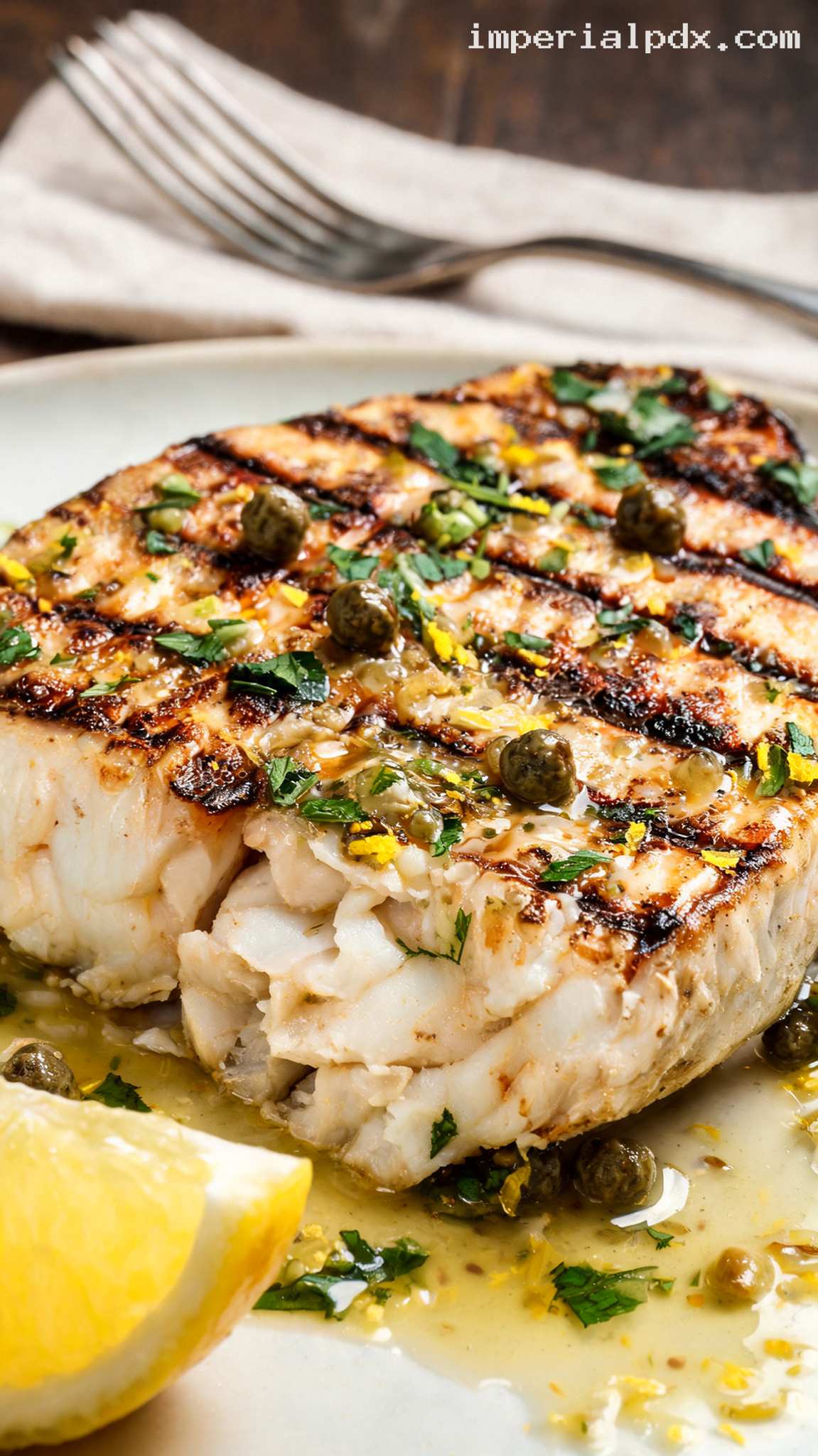 Herbed Grilled Swordfish with Lemon Caper Drizzle – Closeup