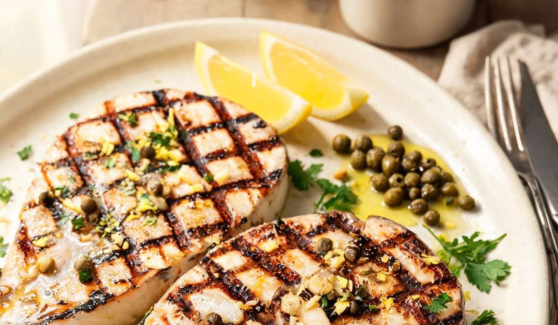 Herbed Grilled Swordfish with Lemon Caper Drizzle