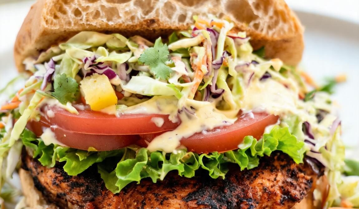 Jerk Chicken Burger With Pineapple Slaw
