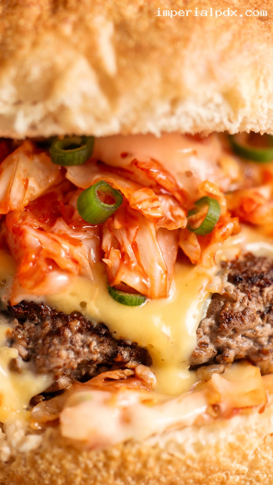 Kimchi Cheeseburger With Gochujang Mayo – Closeup