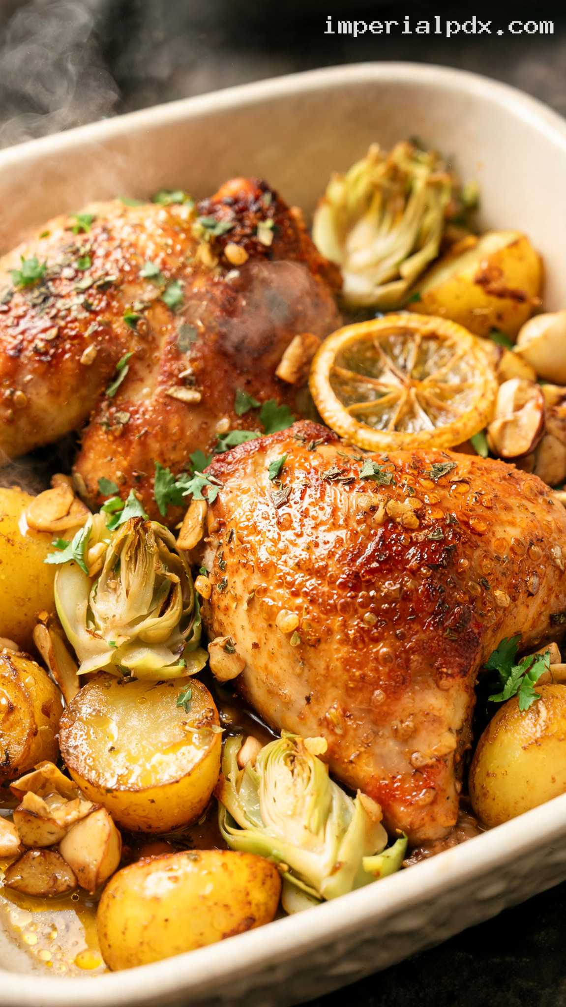 Lemon Garlic Roasted Chicken Thighs With Artichokes – Closeup