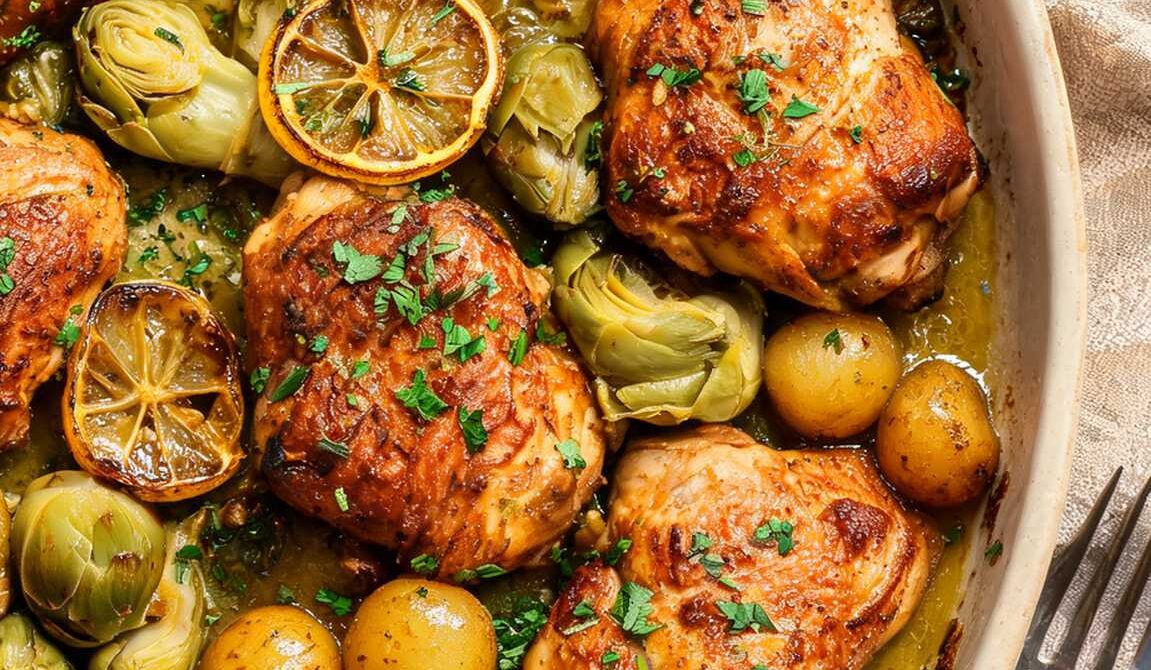 Lemon Garlic Roasted Chicken Thighs With Artichokes