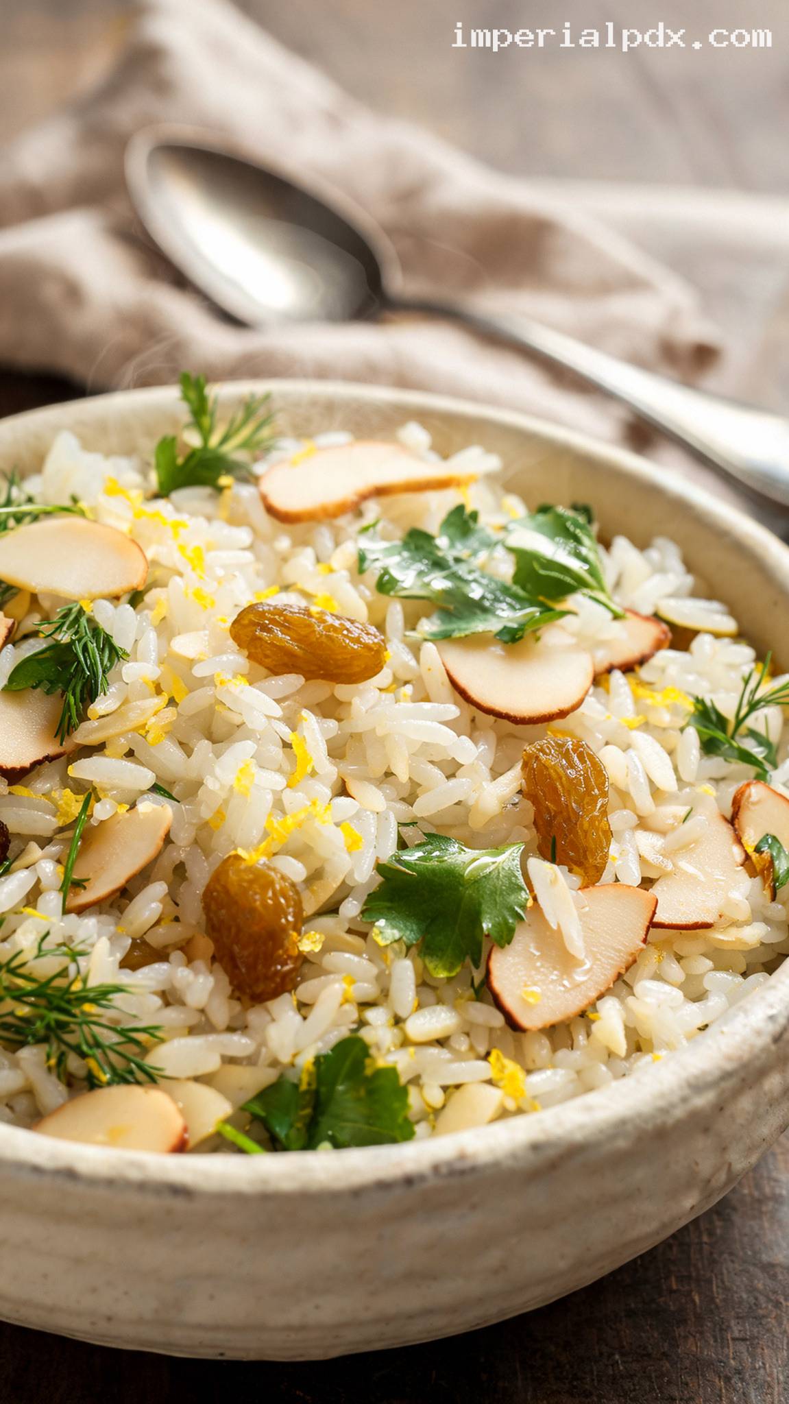Lemon Herb Rice with Toasted Almonds and Raisins – Closeup