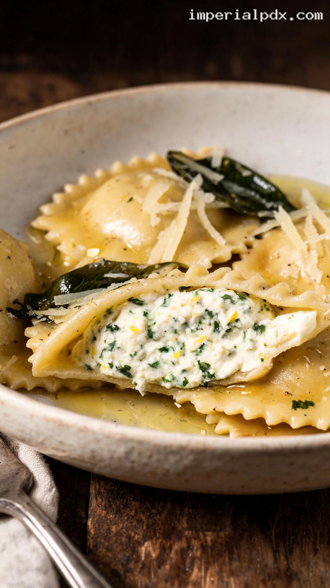 Lemon Ricotta Ravioli With Sage Butter – Closeup