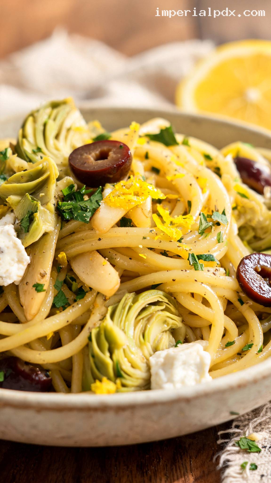 Lemony Greek Pasta with Artichokes and Olives – Closeup