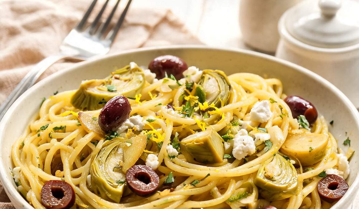 Lemony Greek Pasta with Artichokes and Olives