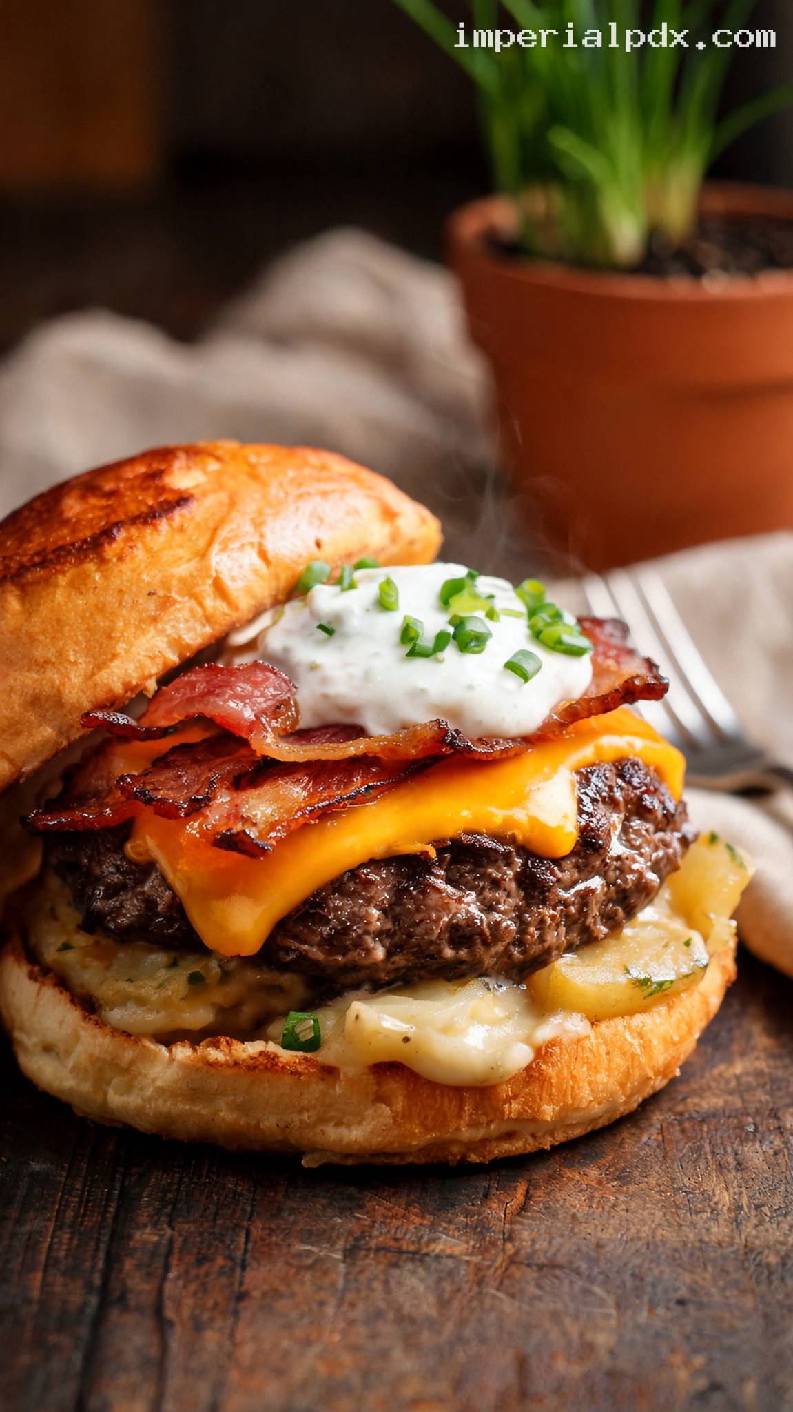 Loaded Baked Potato Steakhouse Burger – Closeup