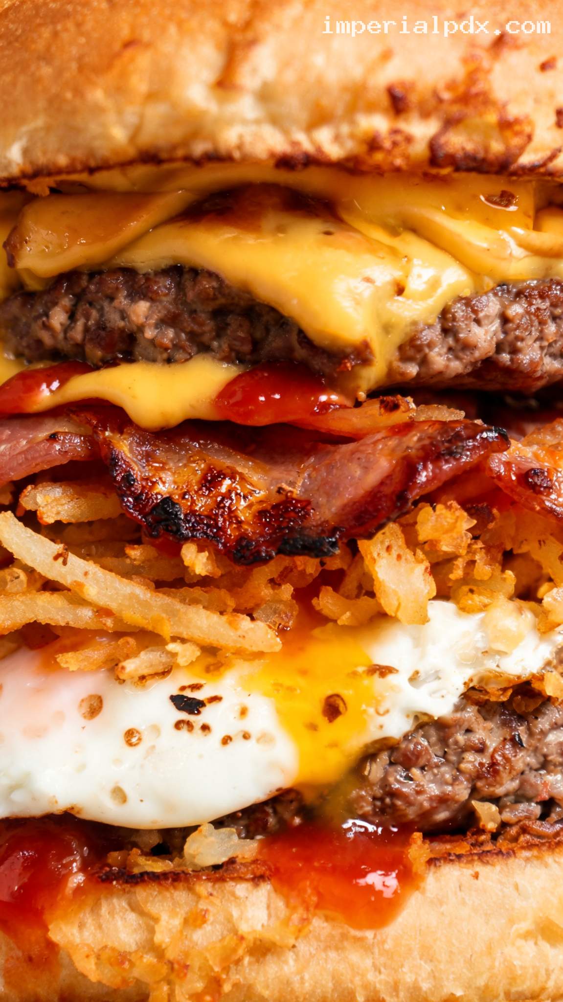 Loaded Breakfast Burger With Maple Bacon and Egg – Closeup