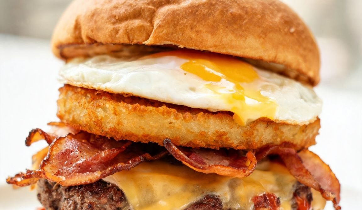Loaded Breakfast Burger With Maple Bacon and Egg